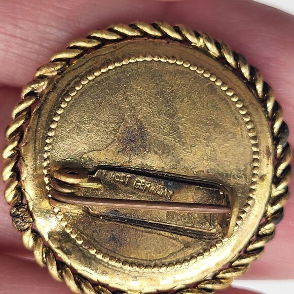 VTG West Germany Round Colorful Mosaic Painted Brooch Pin Tiny Gold Tone - Picture 3 of 7